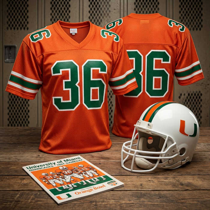 Gemini AI-created image of a 1987-era MIami Hurricanes American football jersey 36, without a name on it, and a matching period-correct helmet, the program cover appropriate to the era and team.