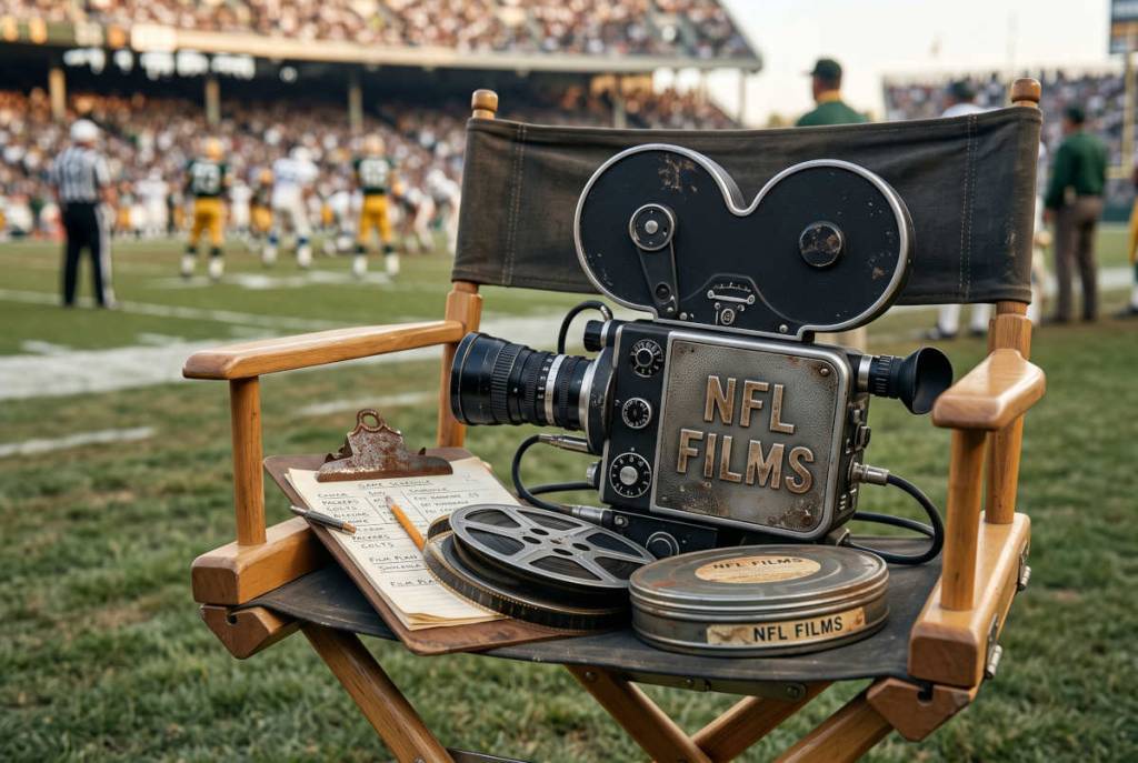 Gemini Created image of a 1960s NFL Films camera, along with the clipboard and film, sitting on a director's chair at a game.
