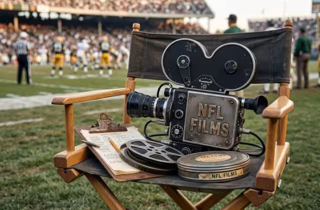 Gemini Created image of a 1960s NFL Films camera, along with the clipboard and film, sitting on a director's chair at a game.