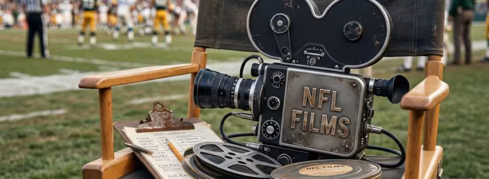 Gemini Created image of a 1960s NFL Films camera, along with the clipboard and film, sitting on a director's chair at a game.