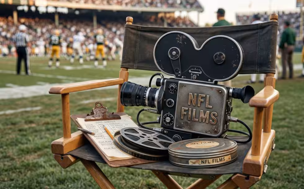 Gemini Created image of a 1960s NFL Films camera, along with the clipboard and film, sitting on a director's chair at a game.
