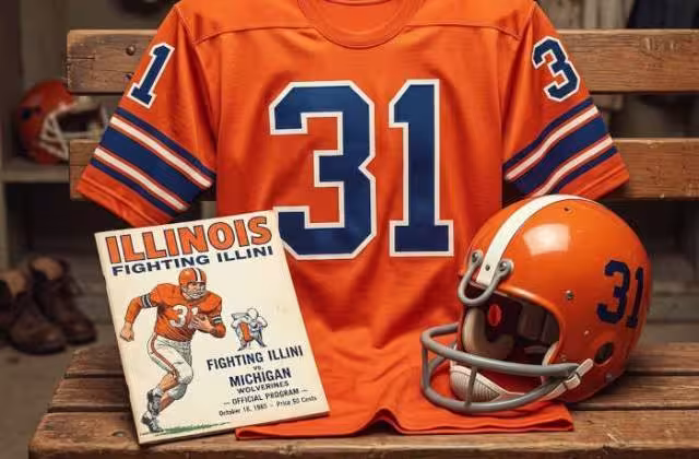 Gemini AI-created image of a 1965-era Illinois American football jersey 31, without a name on it, and a matching period-correct helmet, the program cover appropriate to the era and team.