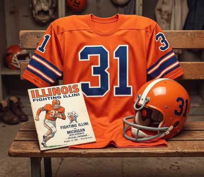 Gemini AI-created image of a 1965-era Illinois American football jersey 31, without a name on it, and a matching period-correct helmet, the program cover appropriate to the era and team.