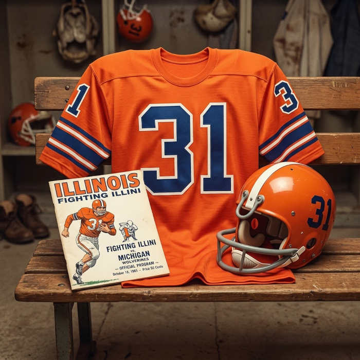 Gemini AI-created image of a 1965-era Illinois American football jersey 31, without a name on it, and a matching period-correct helmet, the program cover appropriate to the era and team.