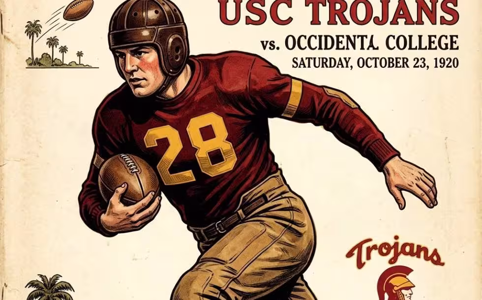 Gemini AI-created image of a 1920s era USC football program featuring number 28 as a player.