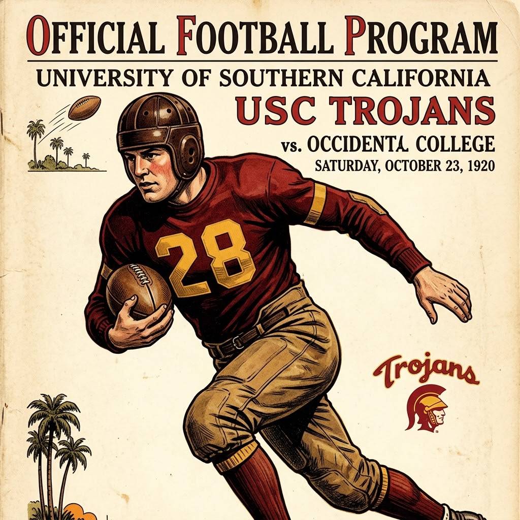 Gemini AI-created image of a 1920s era USC football program featuring number 28 as a player.