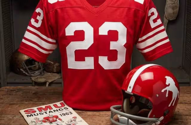 Gemini AI-created image of a 1963-era SMU American football jersey 23, without a name on it, and a matching period-correct helmet, the program cover appropriate to the era and team.