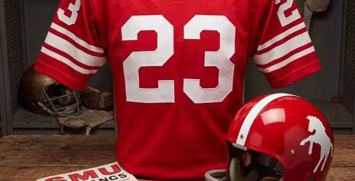 Gemini AI-created image of a 1963-era SMU American football jersey 23, without a name on it, and a matching period-correct helmet, the program cover appropriate to the era and team.