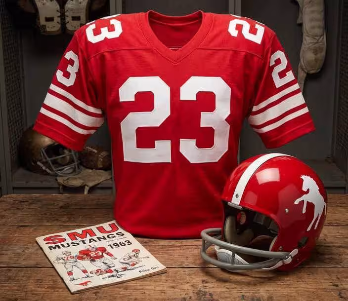 Gemini AI-created image of a 1963-era SMU American football jersey 23, without a name on it, and a matching period-correct helmet, the program cover appropriate to the era and team.