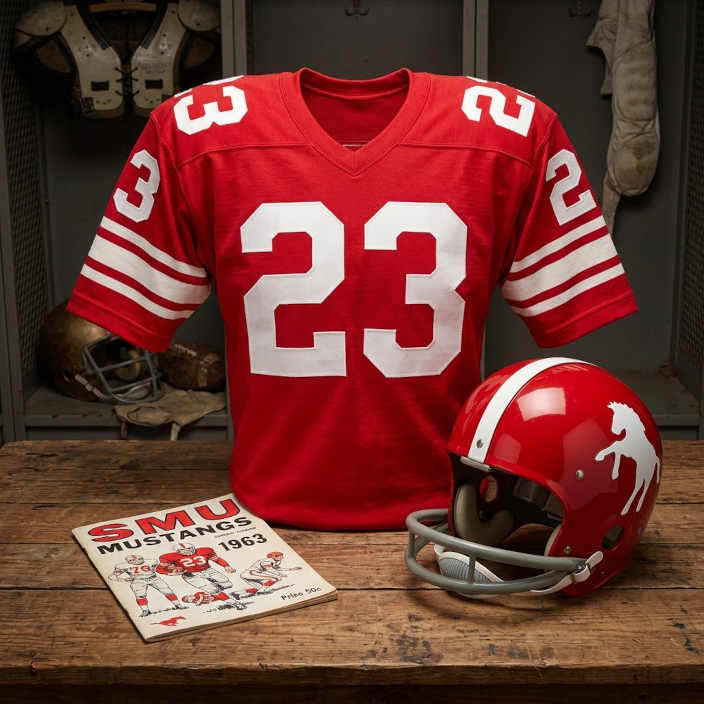 Gemini AI-created image of a 1963-era SMU American football jersey 23, without a name on it, and a matching period-correct helmet, the program cover appropriate to the era and team.