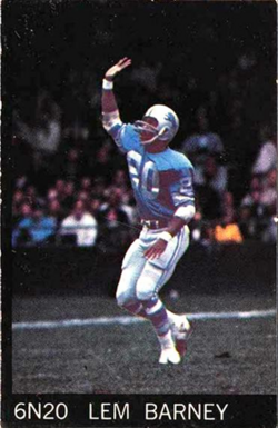 Color promotional trading card of 1968 Champion Corn Flakes card of Barney for Detroit Lions.