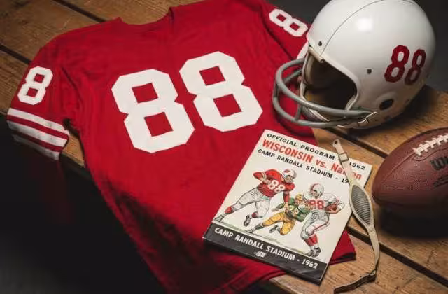 Gemini AI-created image of a 1962-era Wisconsin American football jersey 88, without a name on it, and a matching period-correct helmet, the program cover appropriate to the era and team.