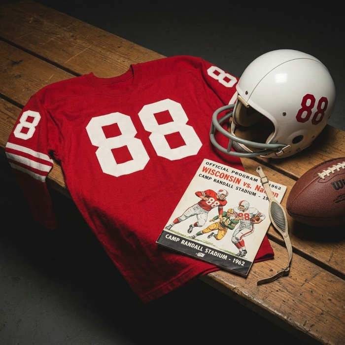 Gemini AI-created image of a 1962-era Wisconsin American football jersey 88, without a name on it, and a matching period-correct helmet, the program cover appropriate to the era and team.