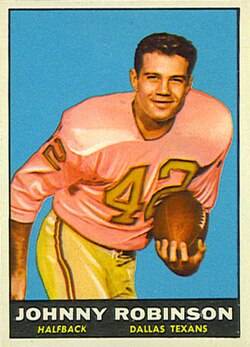 Full color rtrading card image of Johnny Robinson on a 1961 Topps trading card.