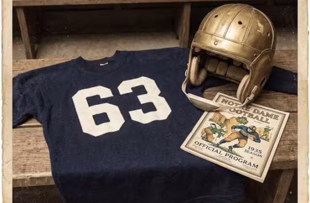Gemini AI-created image of a 1935-era Notre Dame American football jersey 63, without a name on it, and a matching period-correct helmet, the program cover appropriate to the era and team.