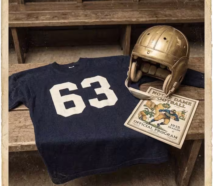 Gemini AI-created image of a 1935-era Notre Dame American football jersey 63, without a name on it, and a matching period-correct helmet, the program cover appropriate to the era and team.