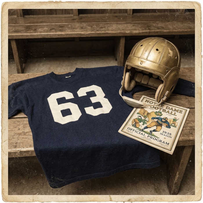 Gemini AI-created image of a 1935-era Notre Dame American football jersey 63, without a name on it, and a matching period-correct helmet, the program cover appropriate to the era and team.