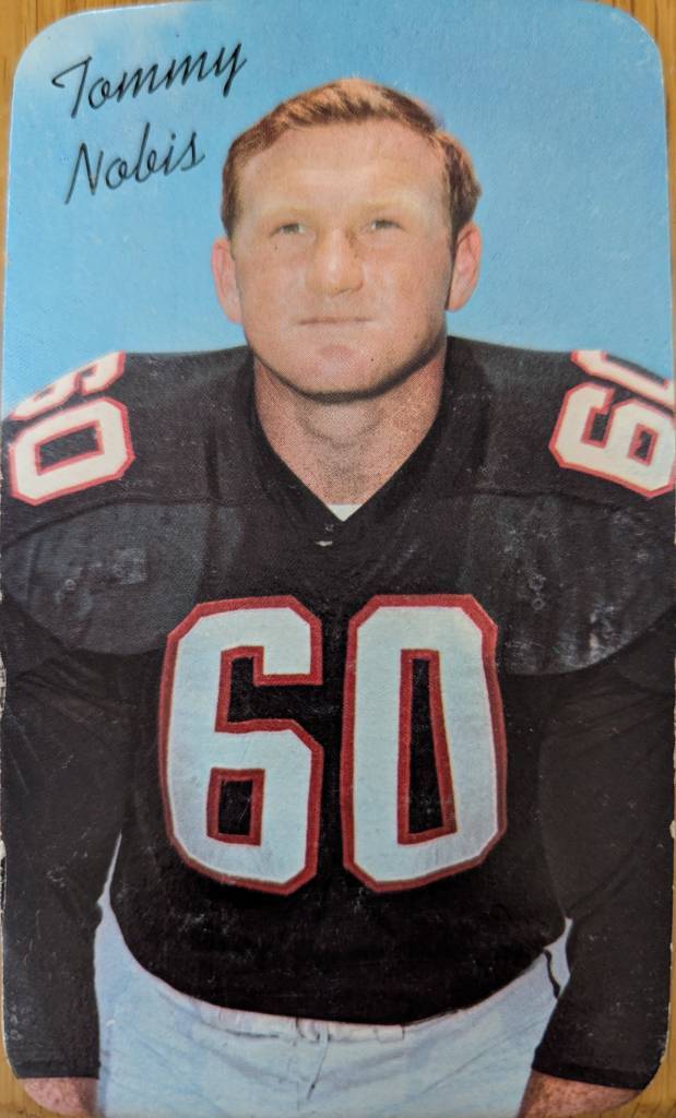Full color image of trading card, Number 60 of the Falcons, Tommy Nobis, shown here on his 1970 Topps Super Football Card. Darin Hayes' personal collection.