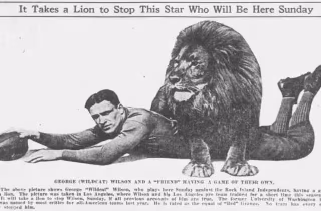 Promotional image in black and white of George Wilson and a Lion.