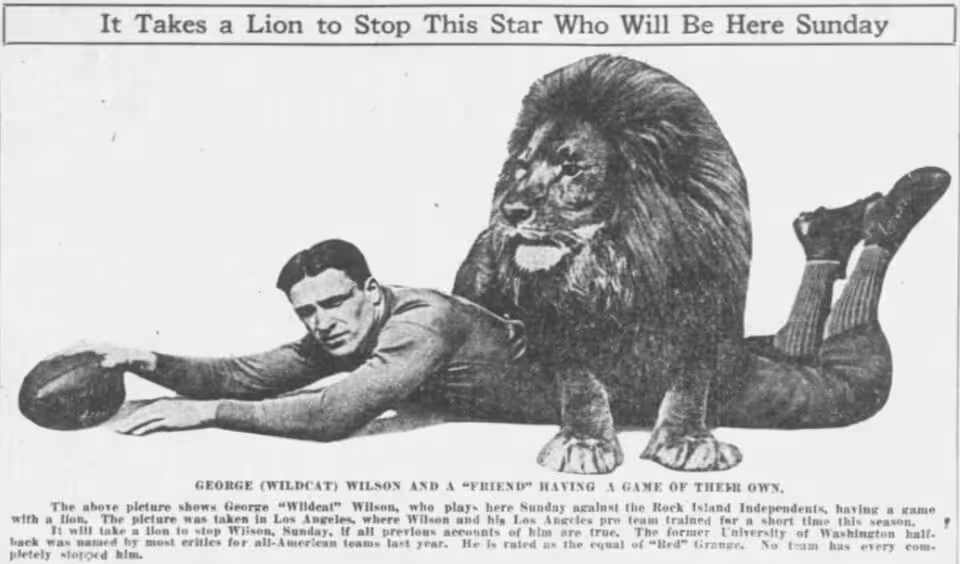 Promotional image in black and white of George Wilson and a Lion.