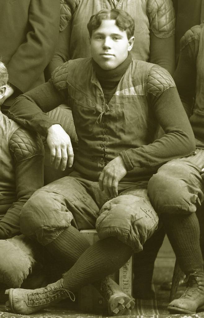 Willie Heston in a cropped view of the 1903 Michigan team photo, black and white.