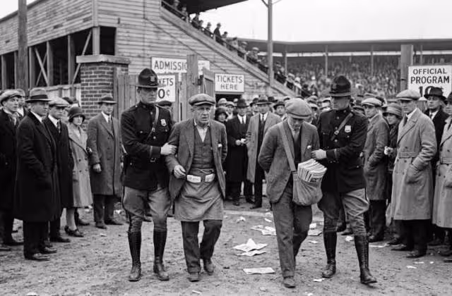 B/W Gemini AI created image of scene from 1926 where a ticket taker and a program salesman are arrested by Delaware State police at an American football game of the era.