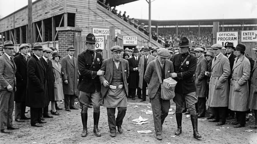 B/W Gemini AI created image of scene from 1926 where a ticket taker and a program salesman are arrested by Delaware State police at an American football game of the era.