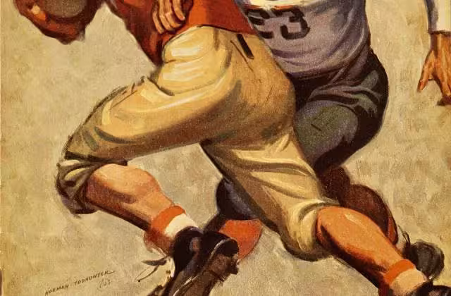 Full color image of two 1938 football players in action on an illustrated Football program for the October 15, 1938 Wisconsin versus Pittsburgh game Norman Todhunter illustrated the cover.