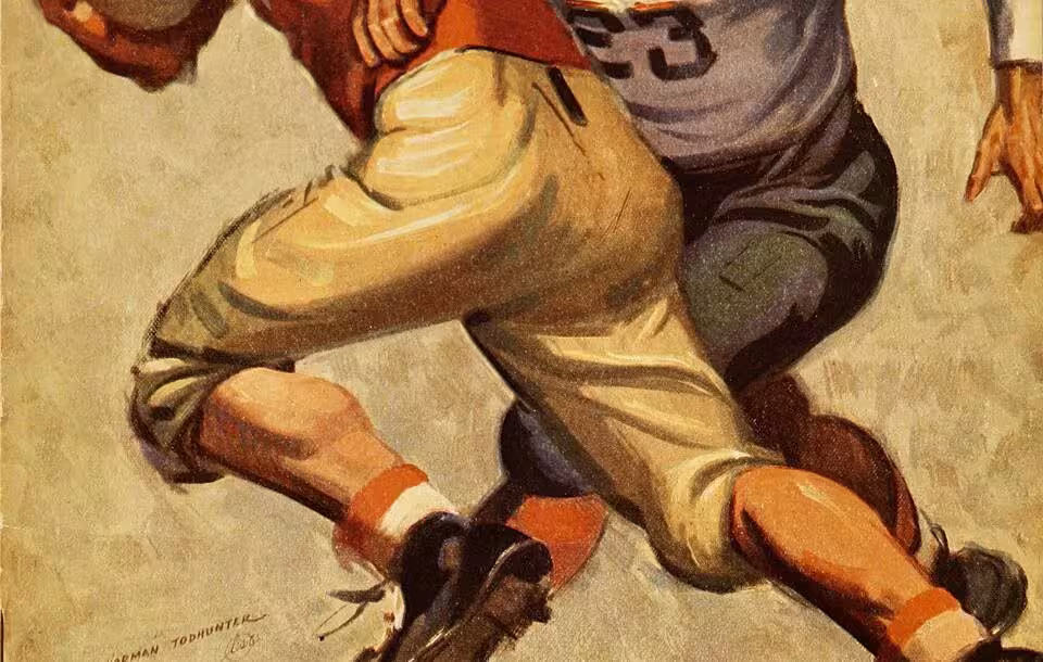 Full color image of two 1938 football players in action on an illustrated Football program for the October 15, 1938 Wisconsin versus Pittsburgh game Norman Todhunter illustrated the cover.
