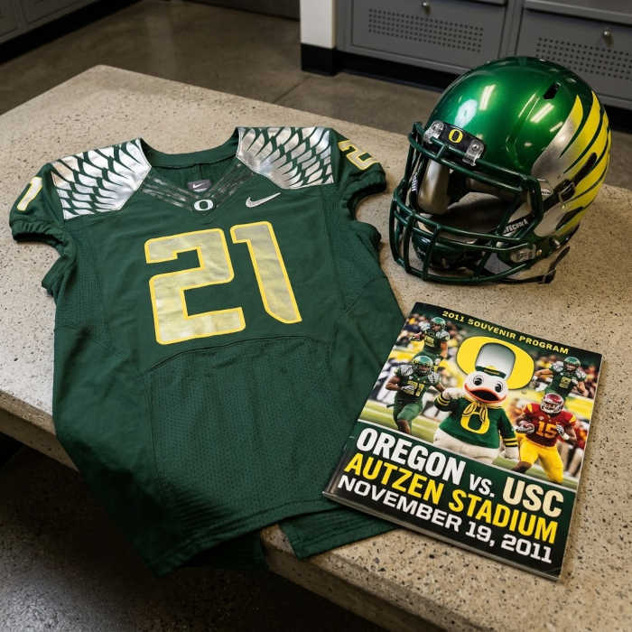 Gemini AI-created image of a 2011-era University of Oregon American football jersey 21 jersey, without a name on it, and a matching period-correct helmet, the program cover appropriate to the era and team.