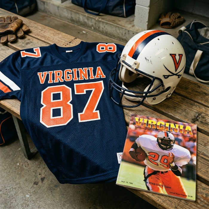 Gemini AI-created image of a 1988-era University of Virginia American football jersey 87 jersey, without a name on it, and a matching period-correct helmet, the program cover appropriate to the era and team.