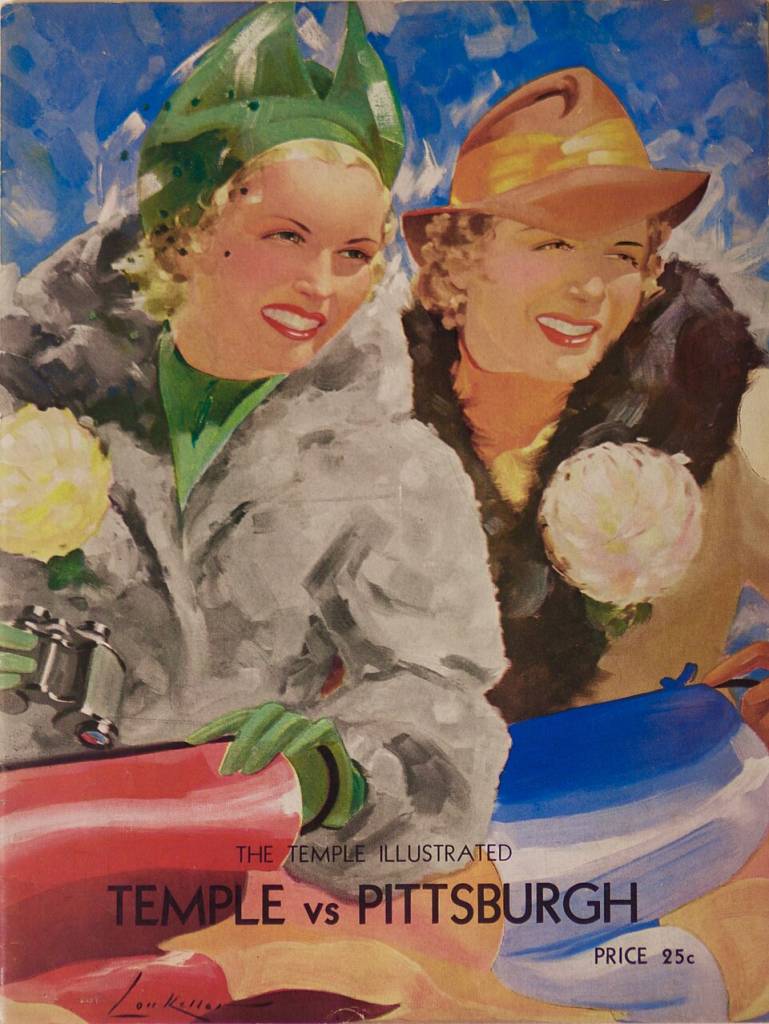 Full color hand water color drawing of October 1, 1938 Temple versus Pittsburgh football program (The Temple Illustrated) Cover photo was illustrated by Lon Keller.
