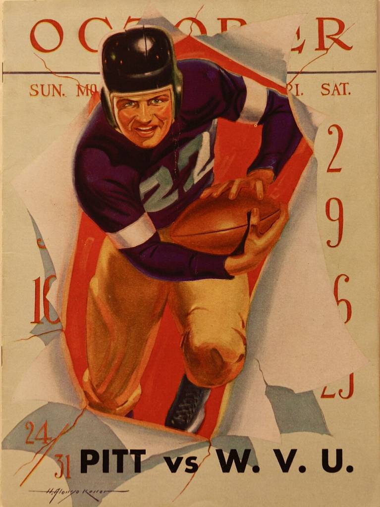 Full color hand drawn program cover. October 2, 1937 program for the West Virginia versus Pittsburgh football game Lon Keller illustrated the cover.