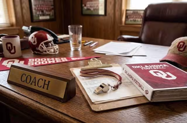 Gemini AI-created image of a wooden desk on an American college football coaches office with a placard that says "Coach" a clipboard, a playbook, a whistle and lanyard, and some crimson items that refer to Oklahoma Sooners football.