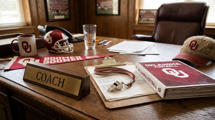 Gemini AI-created image of a wooden desk on an American college football coaches office with a placard that says "Coach" a clipboard, a playbook, a whistle and lanyard, and some crimson items that refer to Oklahoma Sooners football.