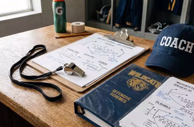 Gemini AI created image of an image of a coaches whistle on a lanyard laying on a desk next to a clipboard and a play book and a ball cap with the words "COACH" on it.