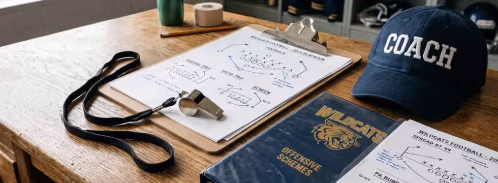 Gemini AI created image of an image of a coaches whistle on a lanyard laying on a desk next to a clipboard and a play book and a ball cap with the words "COACH" on it.