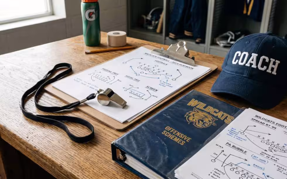 Gemini AI created image of an image of a coaches whistle on a lanyard laying on a desk next to a clipboard and a play book and a ball cap with the words "COACH" on it.